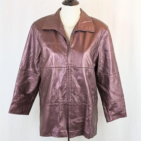 Womens Vintage Metallic Mauve Leather Jacket Ladies Small 1990s 3/4 Sleeve Coat - Picture 1 of 10